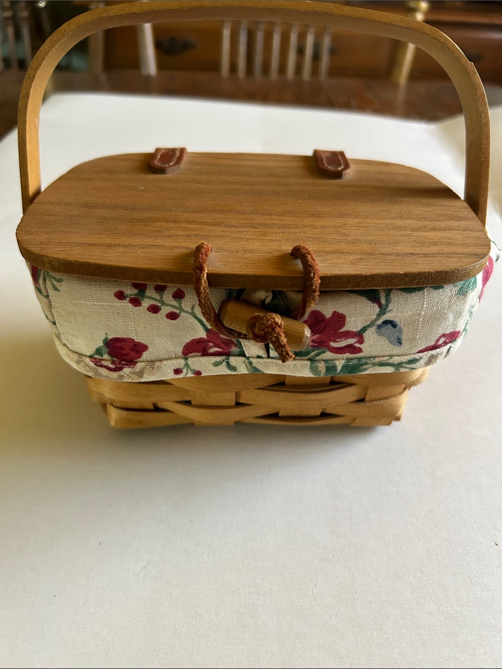Longaberger Floral Fabric & Wood Picnic Basket in Natural and Burgundy